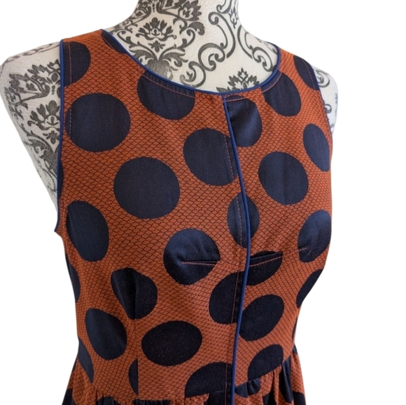 Anthropologie Maeve Rokin Dress Criss-Cross back Orange Navy Polkadots Women's 6 - Picture 6 of 16